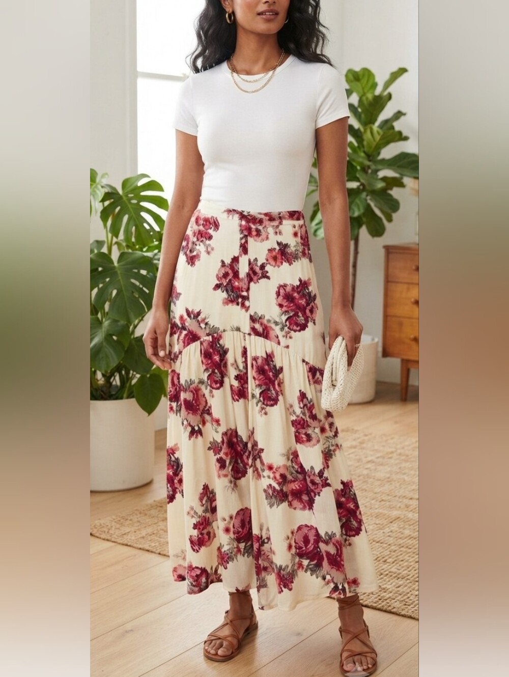 BRAND NEW w/Tag Sky & Sparrow Floral Tiered Flowy Maxi Skirt Ivory/Burgundy Sz L